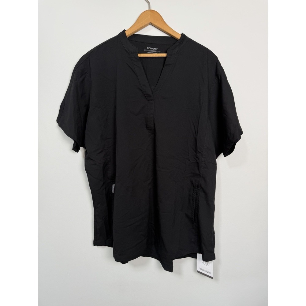 Comenii New Women's Size‎ 2XL Black V-Neck Short Sleeves Stretch Zip Pockets